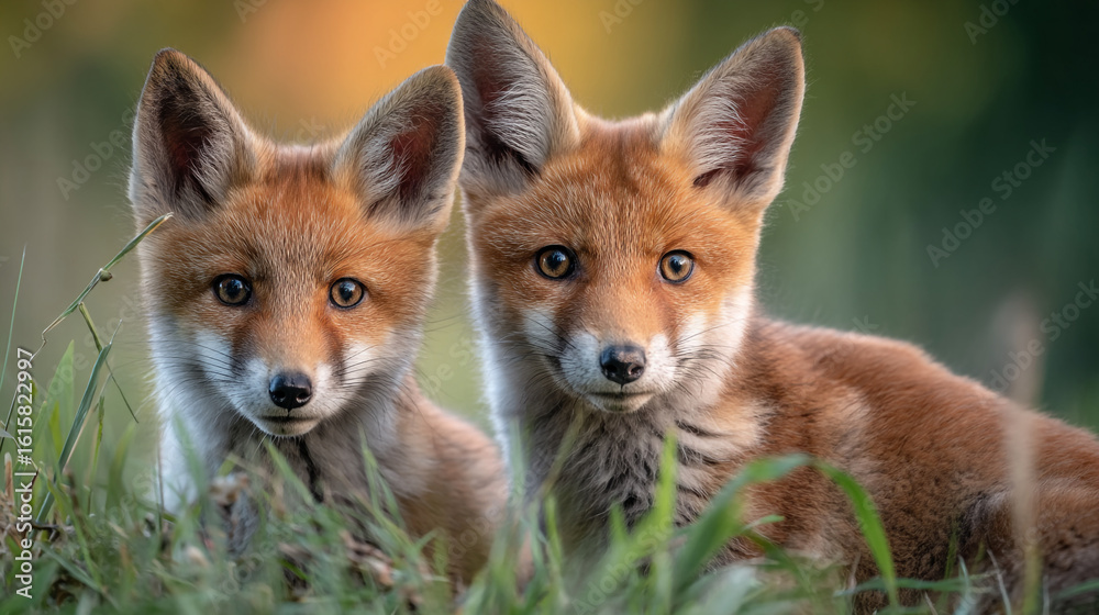 Fototapeta premium Two fox cubs sitting in the grass looking directly at the camera with curiosity