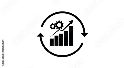 Growth progress concept with bar chart and gears in circular arrows
