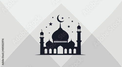 Islamic Mosque Silhouette with Crescent Moon and Stars