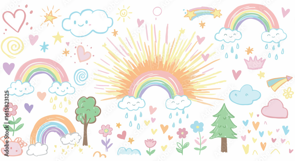 Naklejka premium Pastel hand-drawn rainbow and sunburst with clouds, trees, and hearts, ideal for nursery art, dreamy wallpapers, and kids projects