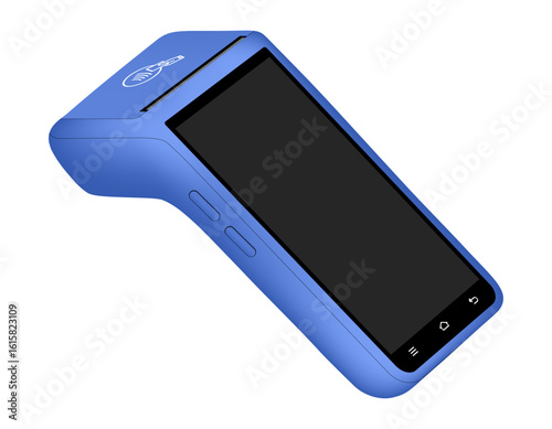 POS Terminal with black screen. Mockup of a blue wireless terminal. Payment machine. Mobile payment. Credit cards are accepted here. Payments device. Banking equipment