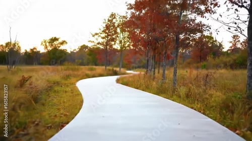 A winding, pale path meanders through an autumnal landscape, bordered by tall grasses and trees displaying warm-toned foliage under a soft, bright sky