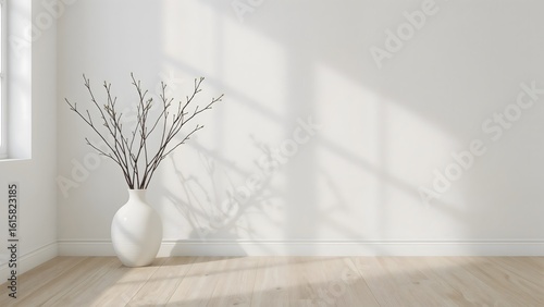 Minimalist White Ceramic Vase with Spring Branches and Natural Light