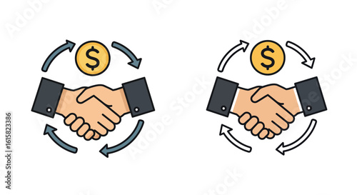 Colorful and outline handshake symbol with dollar sign and arrows