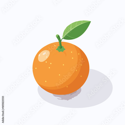Isometric orange illustration with green leaf casting a soft shadow on white backdrop