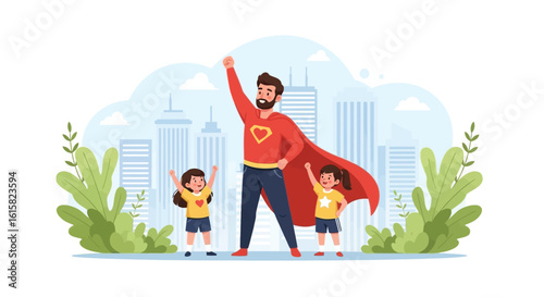 Father and Kids as Superheroes: Empowering Family Bond in a City Landscape