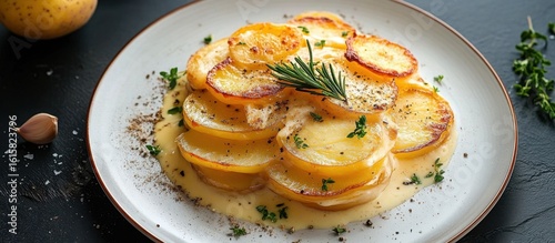 Potato scallops: Layers of thinly sliced ​​potatoes baked in a creamy sauce made from milk- cheese and butter.