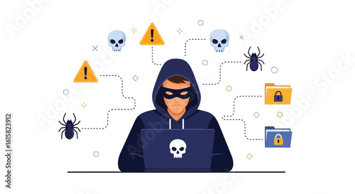 Cybersecurity Threats: Hacker Breaking into System with Malware and Warnings
