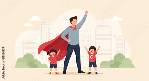Father and Kids as Superheroes: Empowering Family Bond in a City Landscape