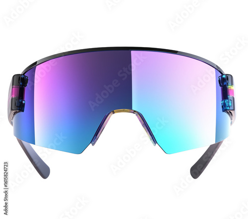 Futuristic sport sunglasses with iridescent lens against a dark transparent background