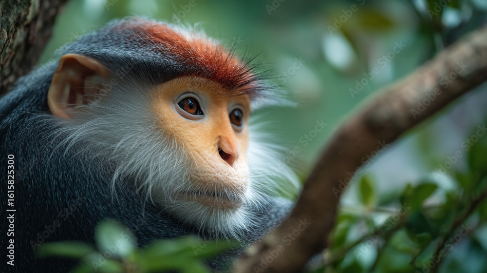 Fototapeta premium Close up of a red shanked douc langur monkey sitting in a tree looking forward