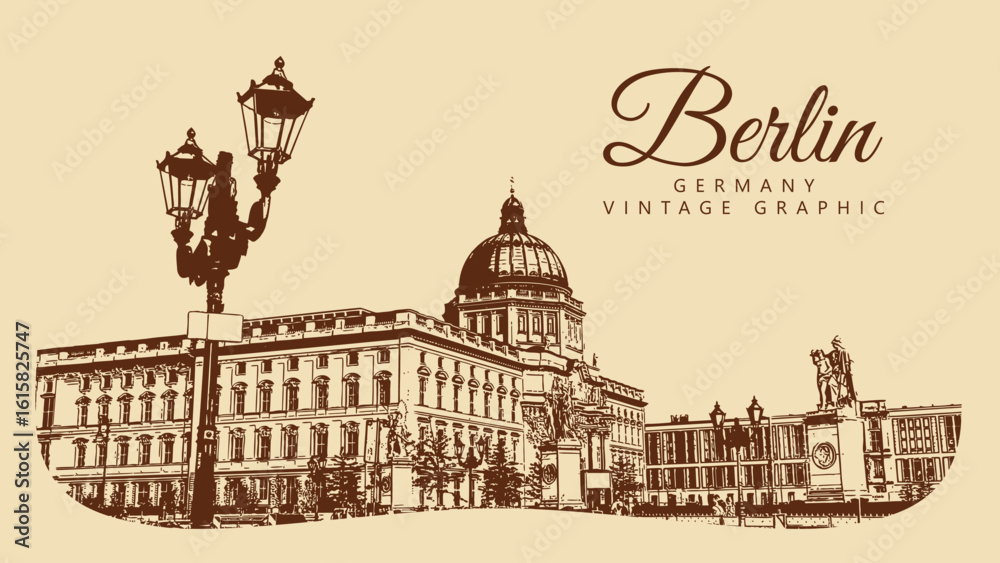 Obraz premium City ancient architecture, Berlin, Germany. Vintage brown and beige graphics, engraved, vector. Old retro design.