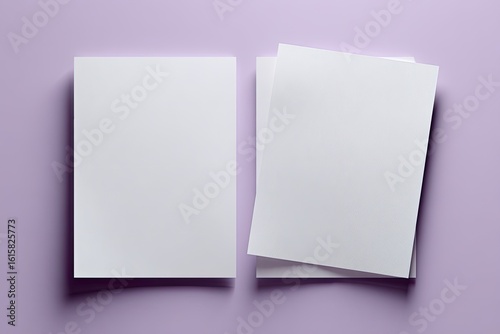 Two stacks of blank white paper on a lavender background