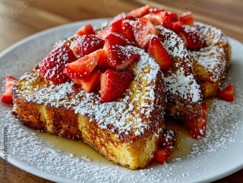 Golden French Toast with Fresh Strawberries and Maple Syrup