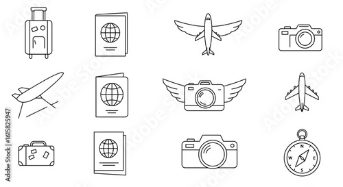 Minimalist travel icons set featuring passport, luggage, airplane, camera, and compass