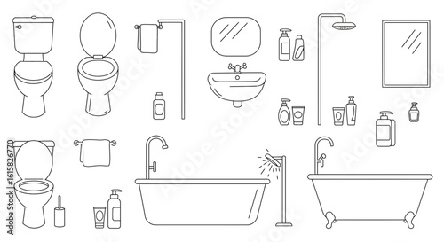 Bathroom fixtures line art illustration featuring essential elements and sanitary ware