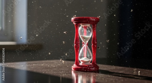 Red hourglass shattering with sand flowing on a dark table