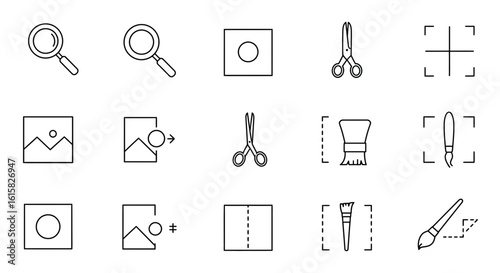 Collection of essential photo editing tools and design elements in a minimalist line art style