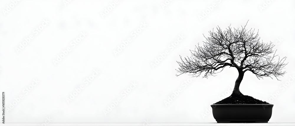 Fototapeta premium Black and white photo of a bonsai tree in a black pot against a white background.