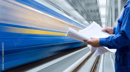 Railway Engineer Holding Blueprints in Modern Industrial Setting