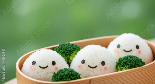 Cute Onigiri Rice Balls with Broccoli in a Bento Box