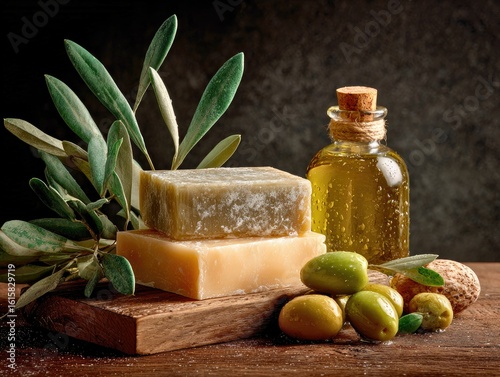 Rustic Still-Life of Olive Oil Bottles and Cheese Block on Wooden Table
