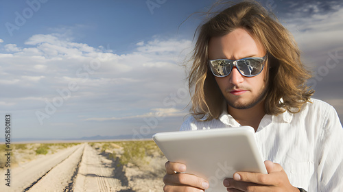 Focused man using tablet outdoors on desert road with blue sky and wearing sunglasses