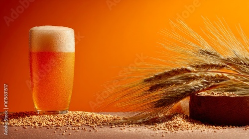 Frosted Glass of Golden Craft Beer with Wheat and Barley Grains


