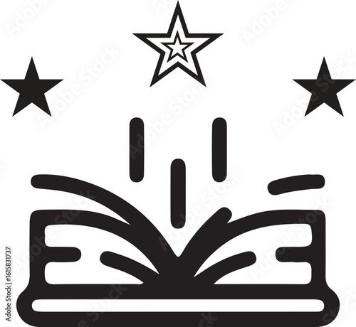 Open book with stars and light rays symbolizing knowledge and success