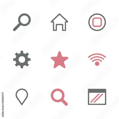 Collection of nine simple icons in grey and pink on white background graphic
