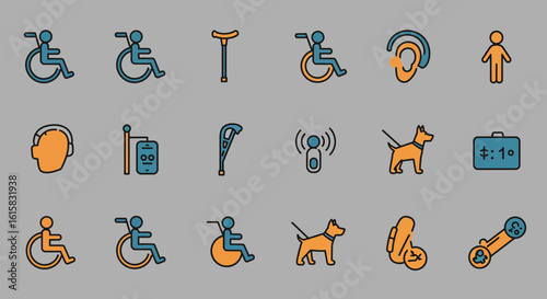 Accessibility and disability icon set featuring assistive devices and assistance animals