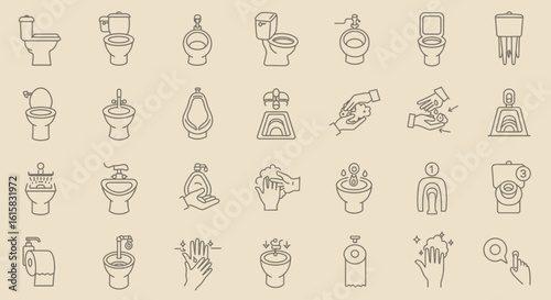 Collection of minimalist line icons representing bathroom fixtures and hygiene practices