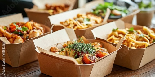 Enjoy organic takeout food served in convenient paper containers at home. Eco-friendly packaging concept