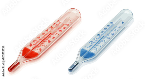 Two thermometers showing different temperatures isolated on a white background