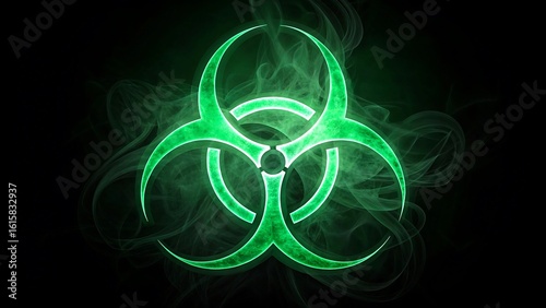 Glowing green biohazard symbol with smoke on dark background
