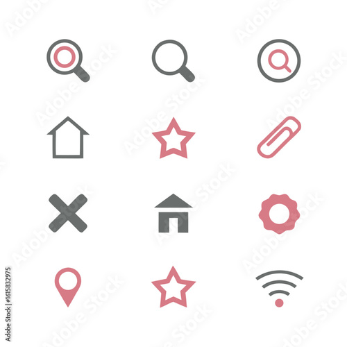 Collection of twelve simple flat icons in grey and pink including search home star paperclip cross gear location and wifi symbols