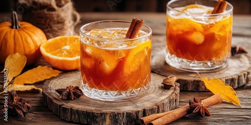 Pumpkin spice cocktails on rustic table