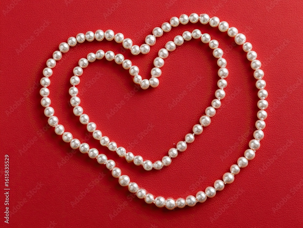 Obraz premium Elegant Pearl Heart Arrangement on Vibrant Red Background