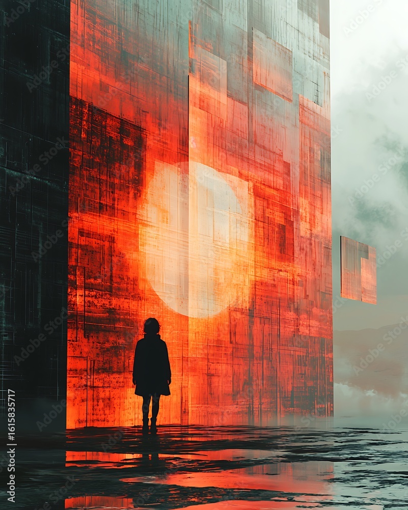 Fototapeta premium A woman stands before a massive, futuristic building in an urban landscape