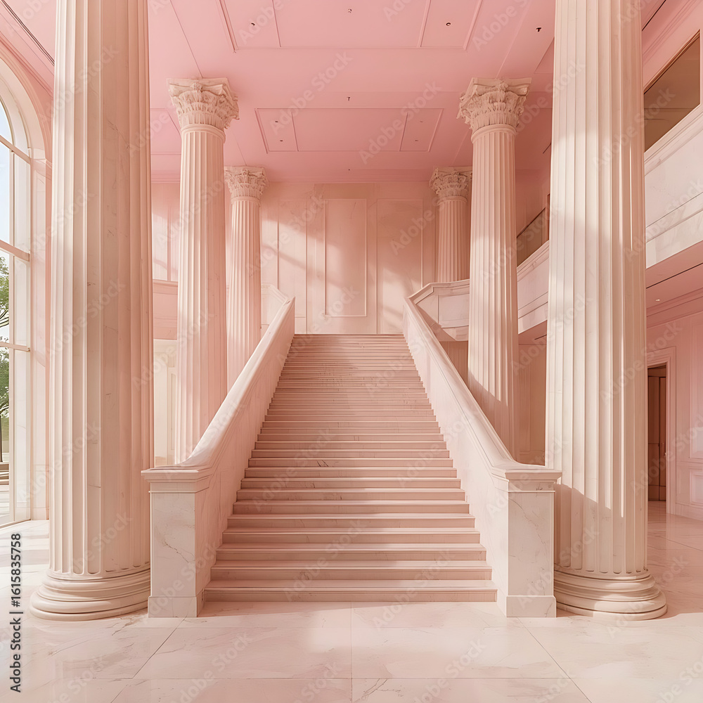Fototapeta premium The architectural interior is pink with columns and ascending stairs.