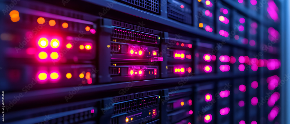 Fototapeta premium Close-up of server racks with illuminated lights in a data center.
