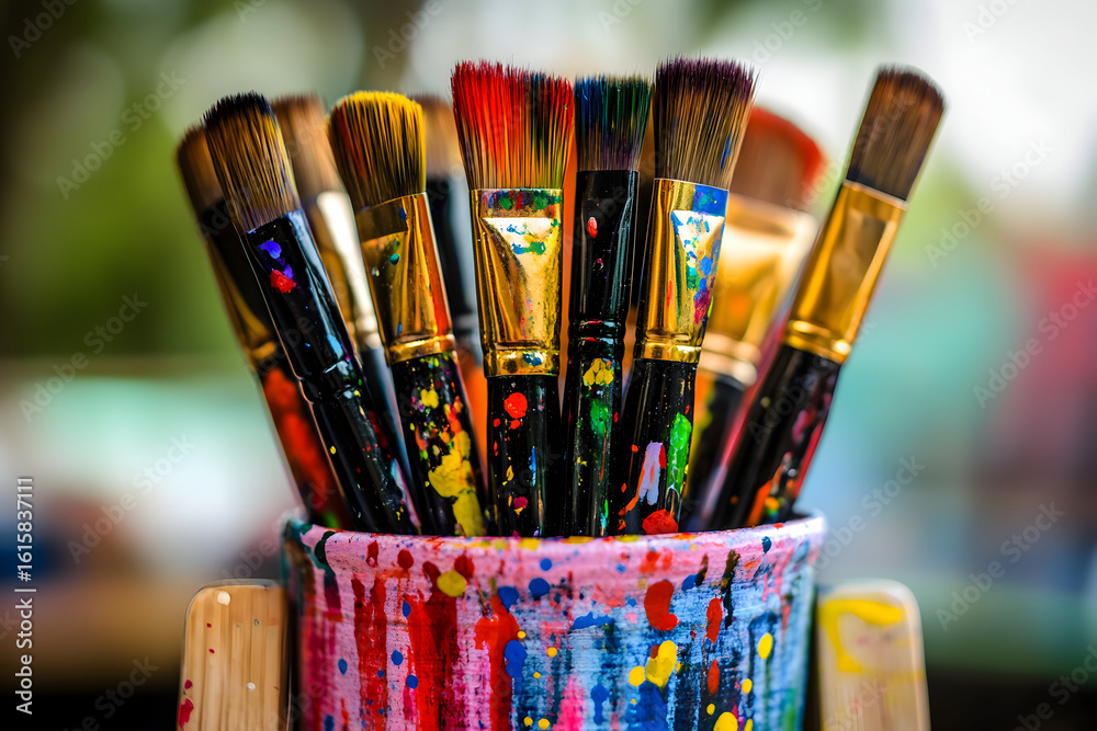 Fototapeta premium Close-up of various paintbrushes in a colorful container.
