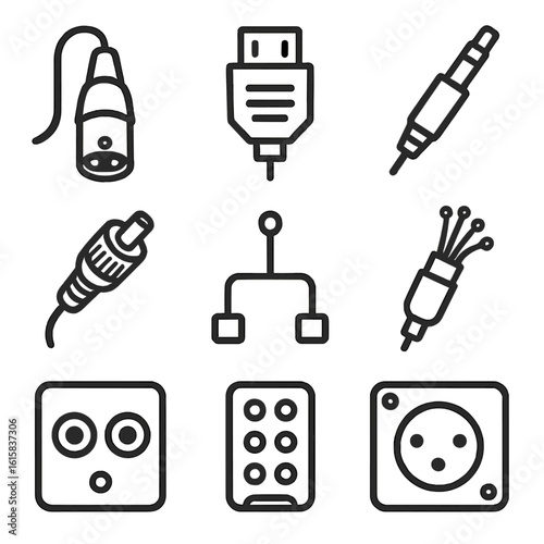 Media Cables Icons. Line style icons of media cables and connectors: XLR cable, HDMI plug, audio jack, coaxial cable, USB-C