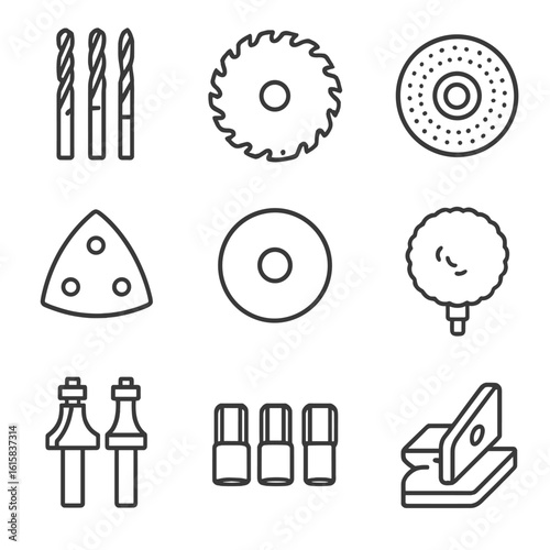 Power Tool Icons. Line style icons of power tool accessories: drill bits, saw blades, grinding discs, sanding pads, cutting wheels