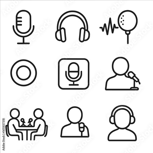 Podcast Icon Set. Line style icons of podcast creation: podcast mic, headphones, audio waveform, pop filter, record button,