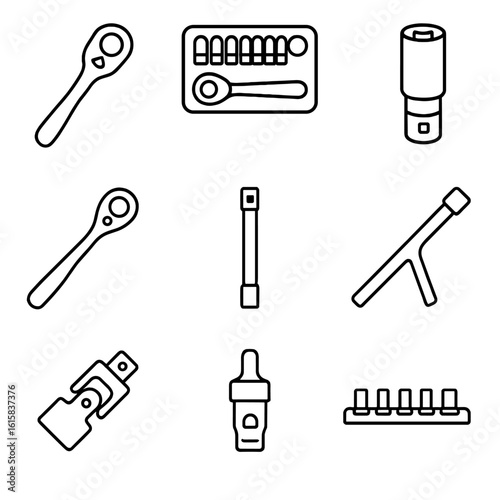 Socket Tools Icons. Line style icons of socket and ratchet tools: ratchet wrench, socket set, deep socket, torque wrench,