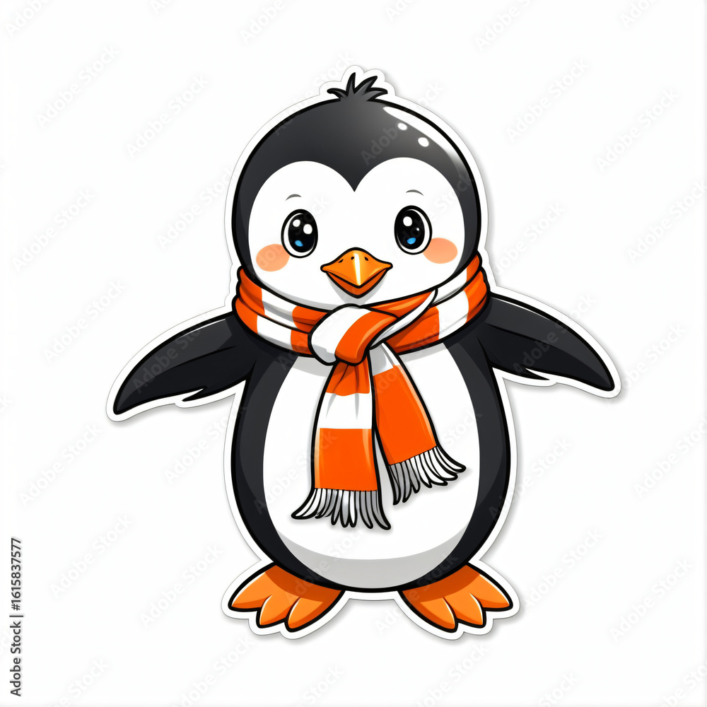 Obraz premium Chibi Penguin in Striped Scarf, Cute Winter Animal, Holiday Sticker Design