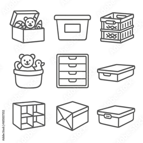 Toy Storage Icons. Line style icons of toy storage containers: open toy box, labeled bin, stackable crate, soft toy basket, toy