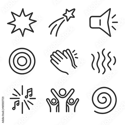 Sound and Motion Icons. Line style icons of sound and motion: bang icon, whistling spark, wave lines of sound, sonic boom shape,