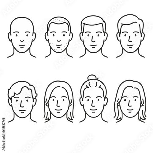 Men's Hair Length Icons. Line style icons of men’s hair lengths: shaved head, stubble hair, taper cut, short classic, medium wavy,